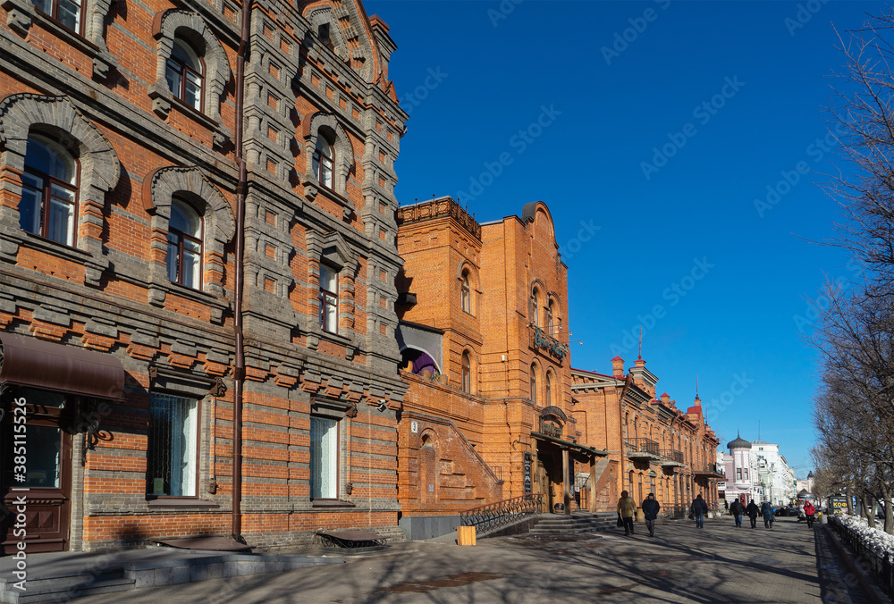 Brick buildings on Muravyov-Amursky street in Khabarovsk, Far East, Russia