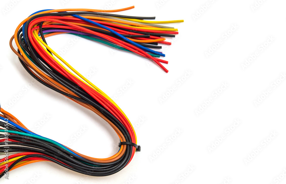 Electric wires of different colors on white background. Used to connect to the electrical network Electric wires of different colors on white background. Used to connect to the electrical network