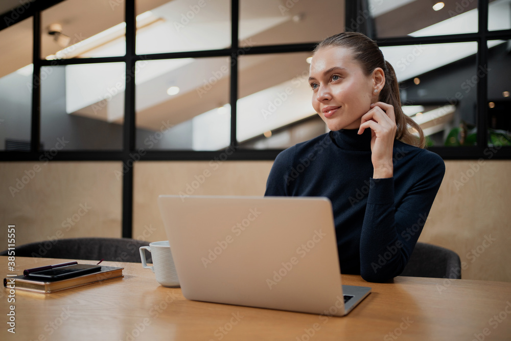 She is working on a gray laptop computer. thinks about new statistics plan site. serious beautiful young intelligent woman of Caucasian appearance ethnicity, sitting alone in the office. She is working on a gray laptop computer. thinks about new statistics plan site. serious beautiful young intelligent woman of Caucasian appearance ethnicity, sitting alone in the office.