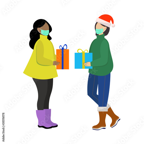 Two women wearing medical masks giving christmas gifts to each other. Vector illustration.