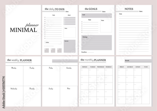 Set of minimalistic planners 2021 with pink floral cover. Monthly, weekly,daily planner template. Business and time management. Paper sheet. Vector illustration.