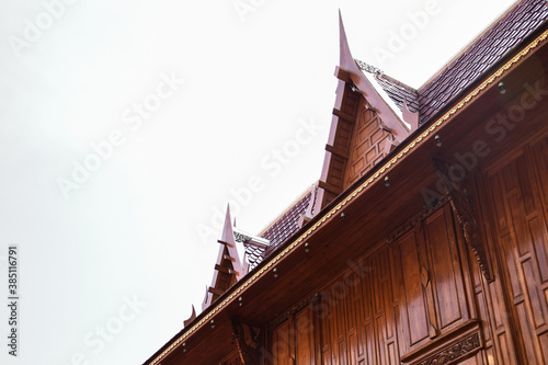 Beautiful Thai style traditional wooden house. Bottom view of Thai traditional house. 