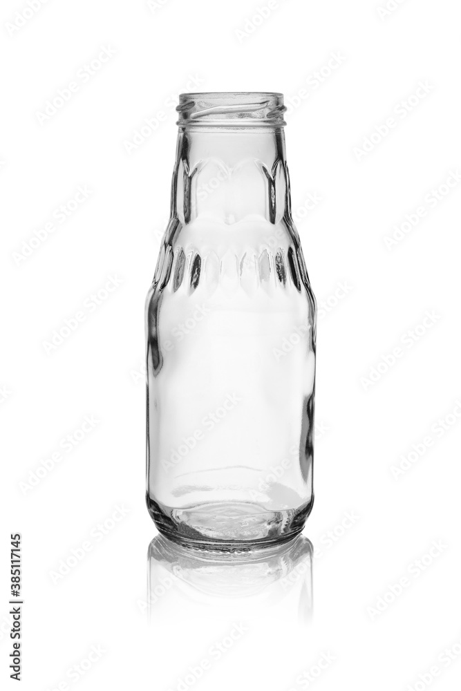 Empty glass bottle without a lid with a wide neck, isolated on a white background with a reflection