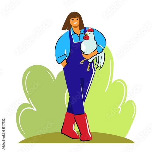 woman farmer in overalls and rubber boots holds a chicken in her hands and smiles. color illustration