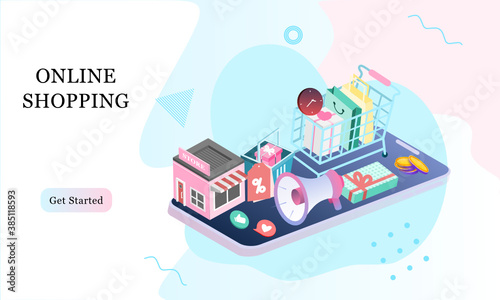 Landing page of 3d isometric online shopping on websites or mobile applications concepts of vector e-commerce and digital marketing. Memphis style illustration for banner online store promotion. © Amanda112