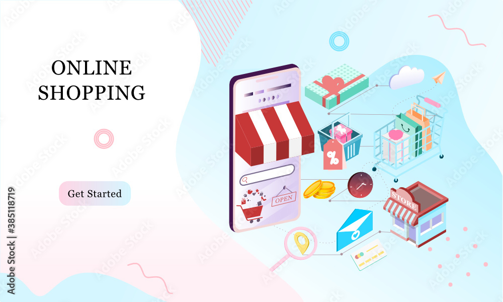 Landing page of 3d isometric online shopping on websites or mobile applications concepts of vector e-commerce and digital marketing. Memphis style illustration for banner online store promotion.