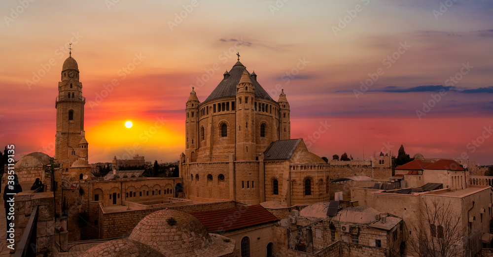Panoramic View of King David's Tomb in the Old City. Colorful Sunset Artistic Render. Taken in Jerusalem, Israel.