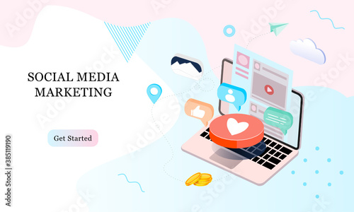 Landing page 3d isometric of social media marketing. Communication in social networks. Image of mobile phone, laptop with chat, likes and money for infographics, banner, website, promotional material.