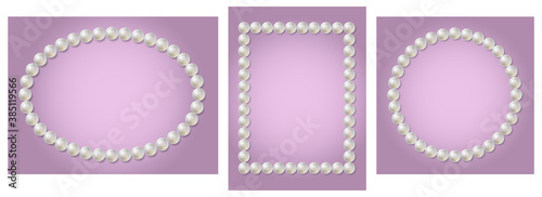 White pearl beads frame set. Round, square, oval border with shadow on soft purple background. 3D vector decoration, greeting card, wedding design, jewelry element, necklace, chain.