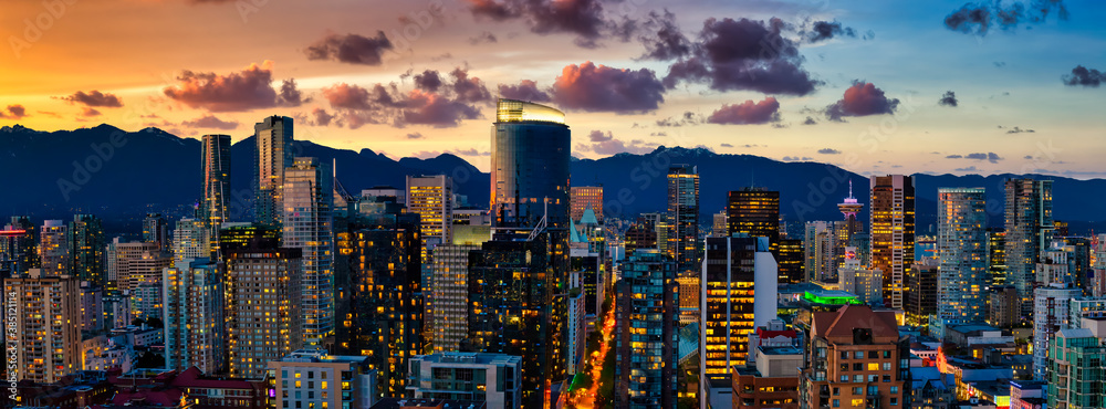 Aerial Panorama of the beautiful modern downtown city during the night after sunset. Vancouver, British Columbia, Canada. Colorful Clouds Artistic Render - obrazy, fototapety, plakaty 