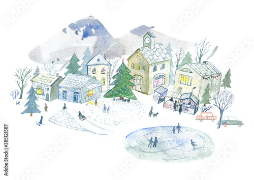 Winter town with Christmas tree. House,park,mountain,snowflakes and lake. Watercolor hand drawn illustration.White background.