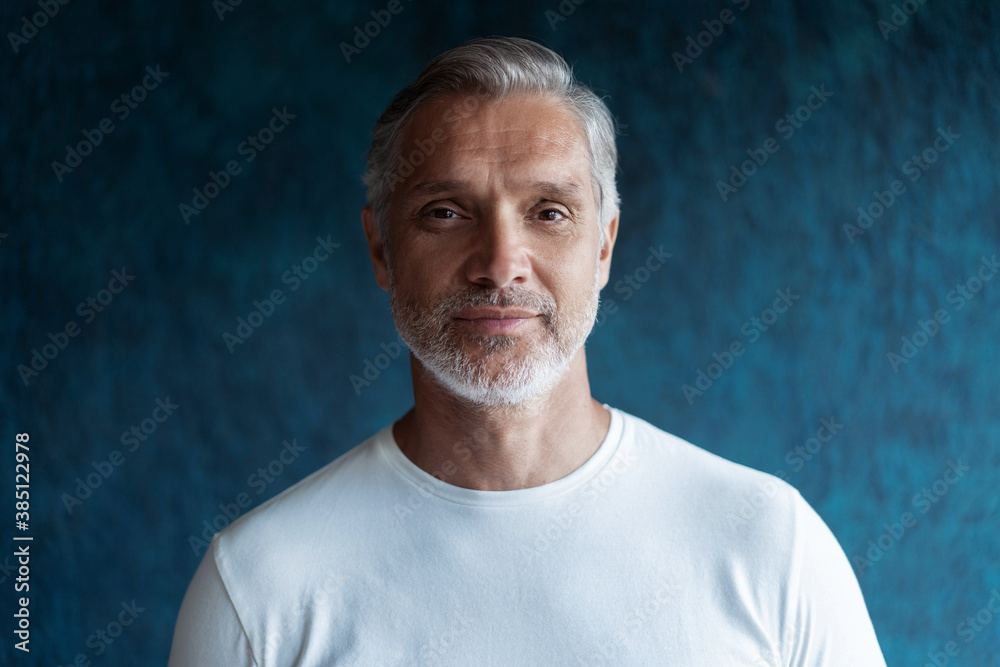 Casual Grey-haired Mature handsome man portrait over dark blue wall background Casual Grey-haired Mature handsome man portrait over dark blue wall background