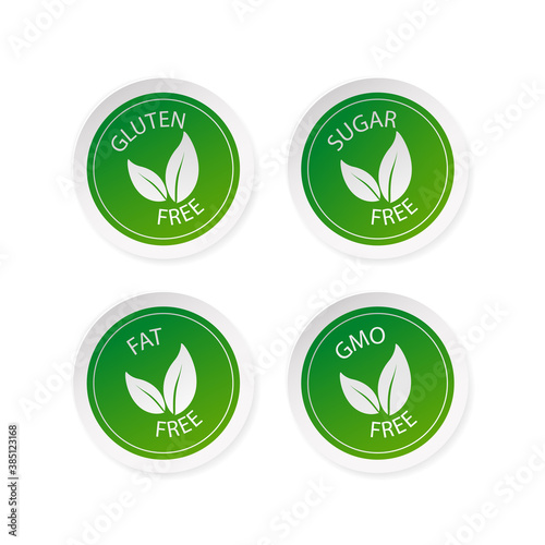 Green sugar free, fat free, gluten free and gmo free stickers set in flat style. Vector illustration.