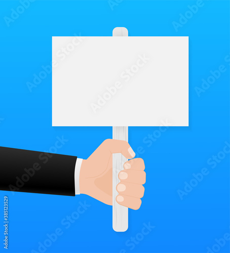 Banner with black hand with placard on white background. Poster design. Flat poster on black backdrop. Poster design.
