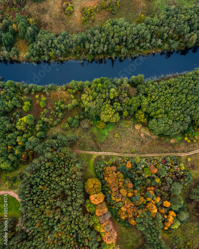 Aerial view of the river with vegetation along the banks in autumn.