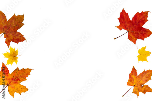 Frame made of autumn leaves orange and yellow and different types on the sides on a white background.