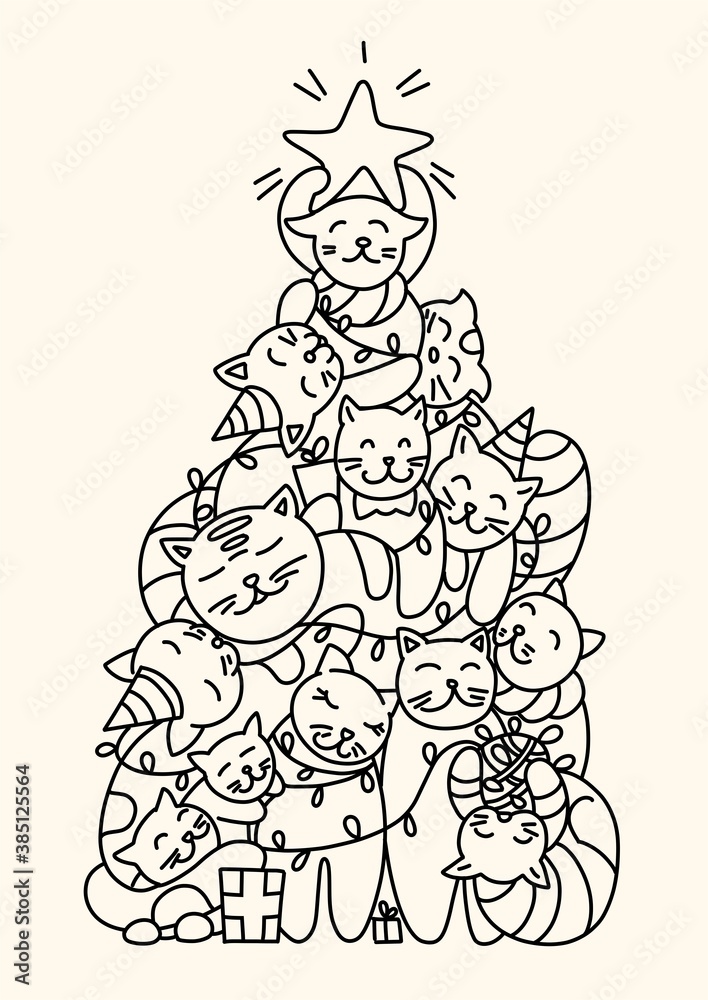 Stylish holiday greeting card with cute cats in vector. Black and white cartoon background with a Christmas tree with cats. flat style
