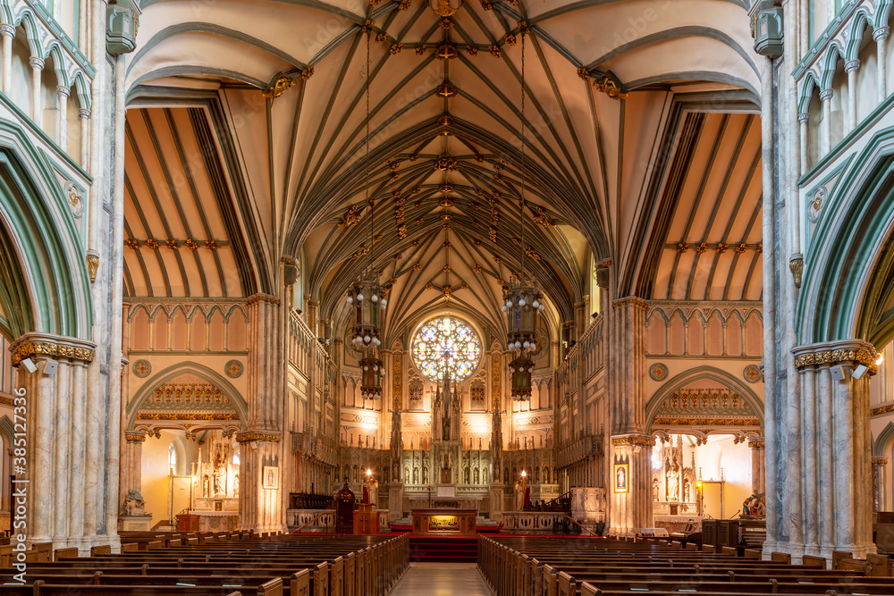 Interior architectural view of St. Dunstan's Basilica Cathedral of Prince Edward Island, Canada