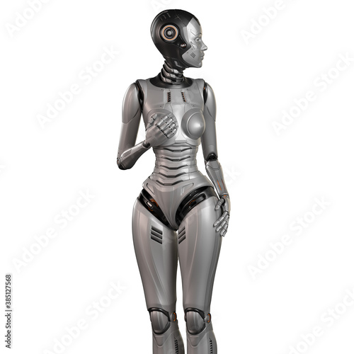 3d render of a very detailed female robot or futuristic cyber girl looking right while holding one hand on her chest  isolated on white background