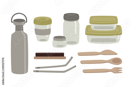 Zero waste set of kitchen supplies: glass jars, metal bottle for water, cutlery, metal tubes, brush, coffee cup. Hand-drawn flat vector illustration isolated on white background. Ecology concept. 