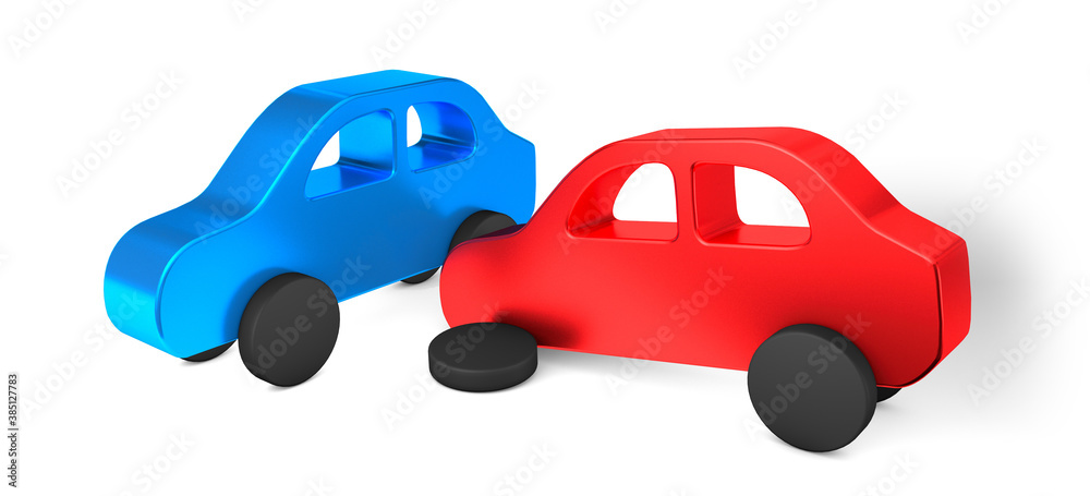 Car accident. The red car drove into the side of the blue one. Car insurance. Isolated on white background. 3d render Car accident. The red car drove into the side of the blue one. Car insurance. Isolated on white background. 3d render