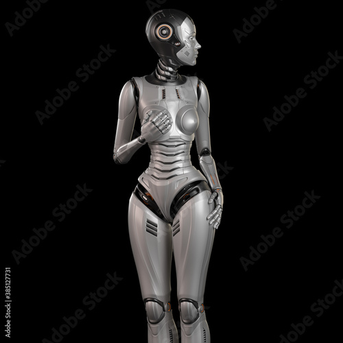 3d render of a very detailed female robot or futuristic cyber girl looking rightwards while holding one hand on her chest, isolated on black background