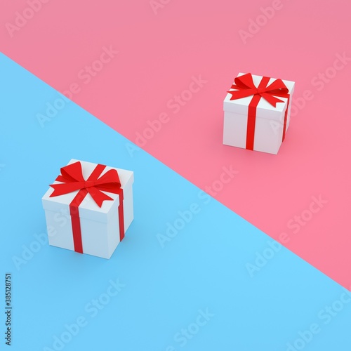 White gift boxes with red ribbon bow, isolated on blue and pink background. Holiday decoration. Black friday sale collection. 3D render