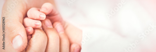Mothers Hand Holding Newborn Baby's Hand - Infant Care Concept photo