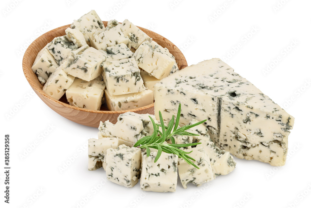 Blue cheese with rosemary isolated on white background with clipping path and full depth of field. Blue cheese with rosemary isolated on white background with clipping path and full depth of field.