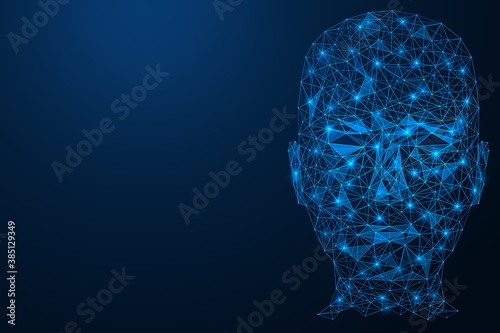 Human face. Personal identification technology. User recognition system. The head structure consists of interlocked lines and dots. Blue background.