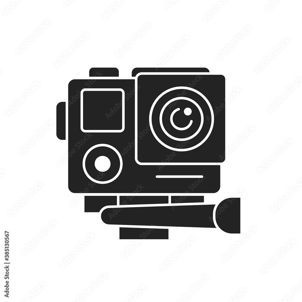 Action camera black glyph icon. Electronic device concept. Camera for active sports. Pictogram for web page, mobile app, promo. UI UX screen. User interface display.