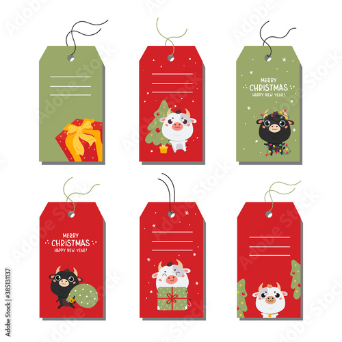 Vector design Christmas greetings elements on white background. Christmas tags set with typography and colorful icon. Paper labels with an ox symbol of 2021.