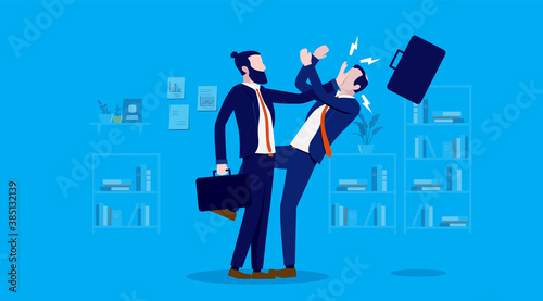 Eliminating business competition - Businessman pushing competitor in the face. rivalry, victory and winning concept. Vector illustration.