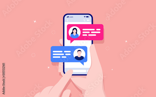 Text chat between woman and man on mobile phone - Hand holding smartphone with text messages popping out, showing profile pictures. Vector illustration.