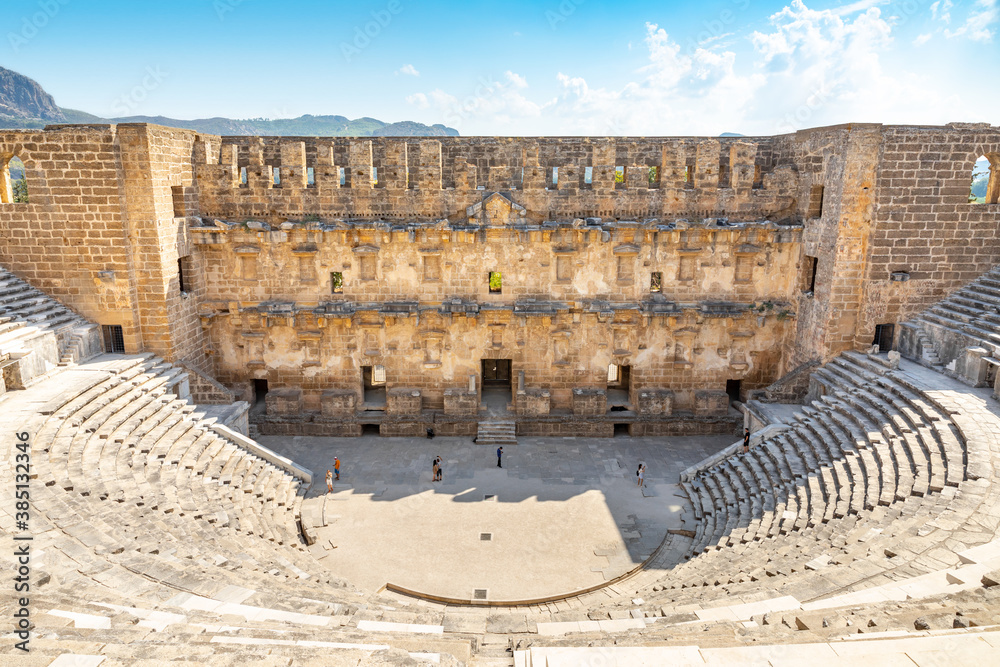 Naklejka premium Aerial view of the ancient Aspendos amphitheater near Antalya city