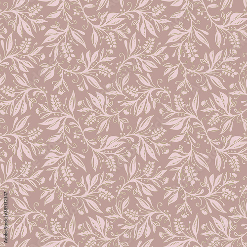 Floral seamless pattern with leaves and berries in pink and taupe colors, hand-drawn and digitized. Design for wallpaper, textile, fabric, wrapping, background.