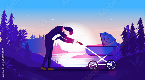 Tired mother walking with baby buggy - Female person outdoors early morning with baby carrier feeling exhausted. Maternity leave concept. Vector illustration.