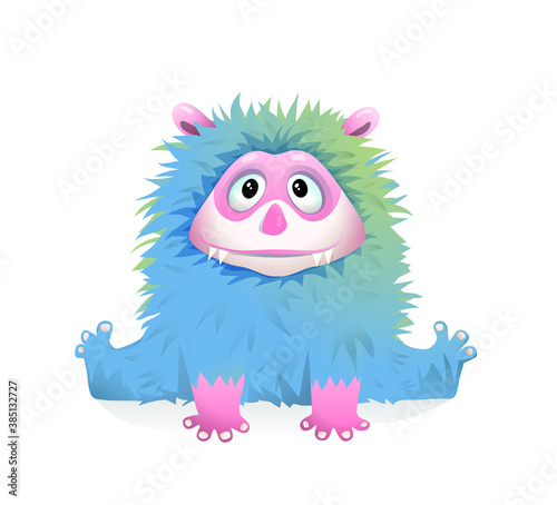 Cute Blue Fluffy Baby Monster for Children, fantasy playful kids character design. Toothy smile vector monster.