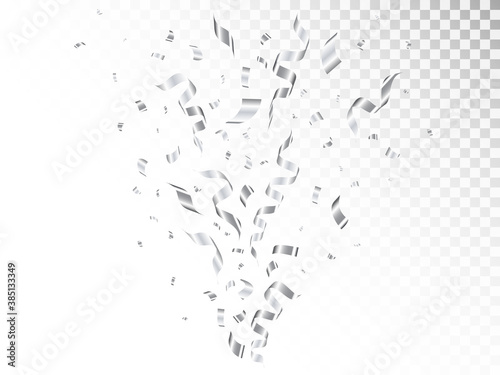 Confetti silver explosion on transparent background. Confetti burst with decoration sparkles. Christmas flying ribbon. Anniversary or birthday template. Vector illustration
