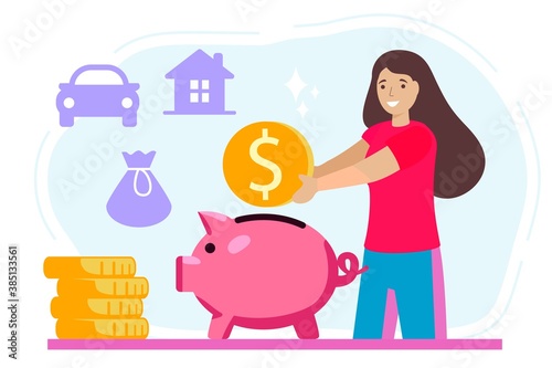 Putting money piggy bank vectors Happy woman putting coin into piggy bank vector design illustrations Family budget home savings and investment money Safe economical fund deposit strategy