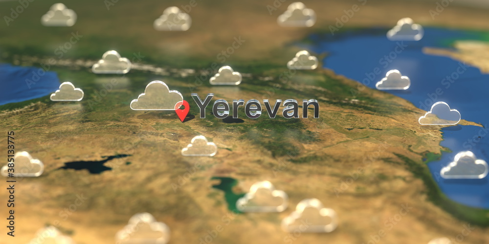 Cloudy weather icons near Yerevan city on the map, weather forecast related 3D rendering Cloudy weather icons near Yerevan city on the map, weather forecast related 3D rendering