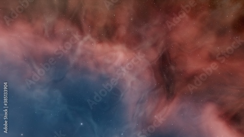 Beautiful nebula in cosmos far away. Space background with realistic nebula and shining stars. Colorful cosmos with stardust and milky way. Infinite universe and starry night. 3d Render © ANDREI