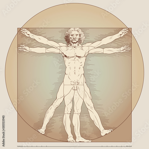 Vector design, of the Vitruvian Man, original work of Leonardo, parchment color. Easy to edit and change colors.