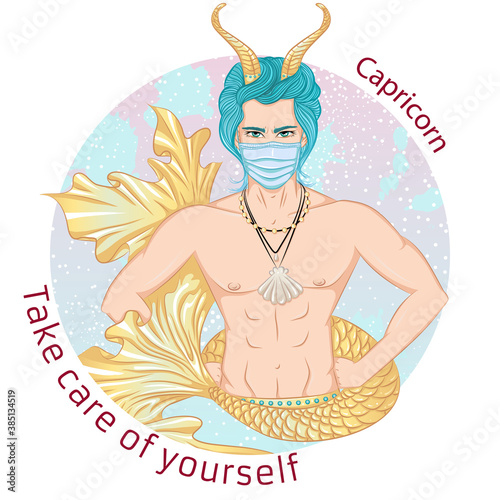 Zodiac.Vector illustration of the astrological sign of Capricorn as a man with a naked torso. Portrait in medical mask. Concept of world epidemic.Man wearing protection element to prevent disease,flu.
