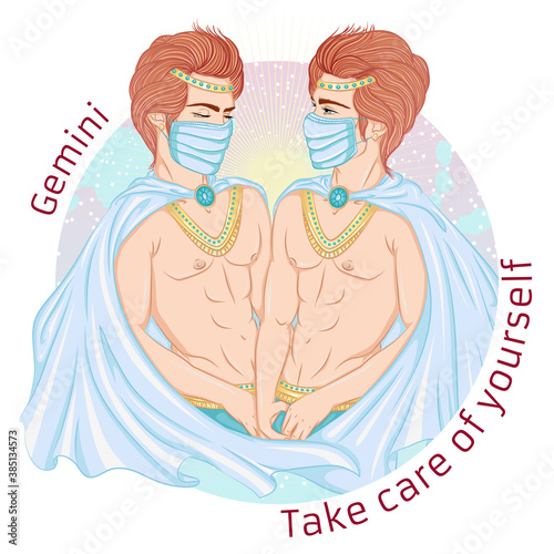 Zodiac. Vector illustration of the astrological sign of Gemini as a man with a naked torso. Portrait in medical mask. Concept of world epidemic. Man wearing protection element to prevent disease,flu.