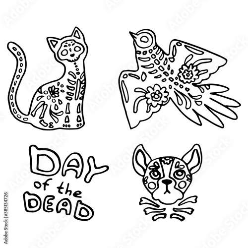 Santa muerte icon set on white isolated backdrop. Day of the dead symbol for invitation or gift card, notebook, bath tile, scrapbook Phone case or cloth print Doodle style stock vector illustration