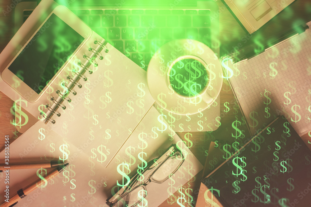 Double exposure of financial graph hologram over desktop with phone. Top view. Mobile trade platform concept. Double exposure of financial graph hologram over desktop with phone. Top view. Mobile trade platform concept.