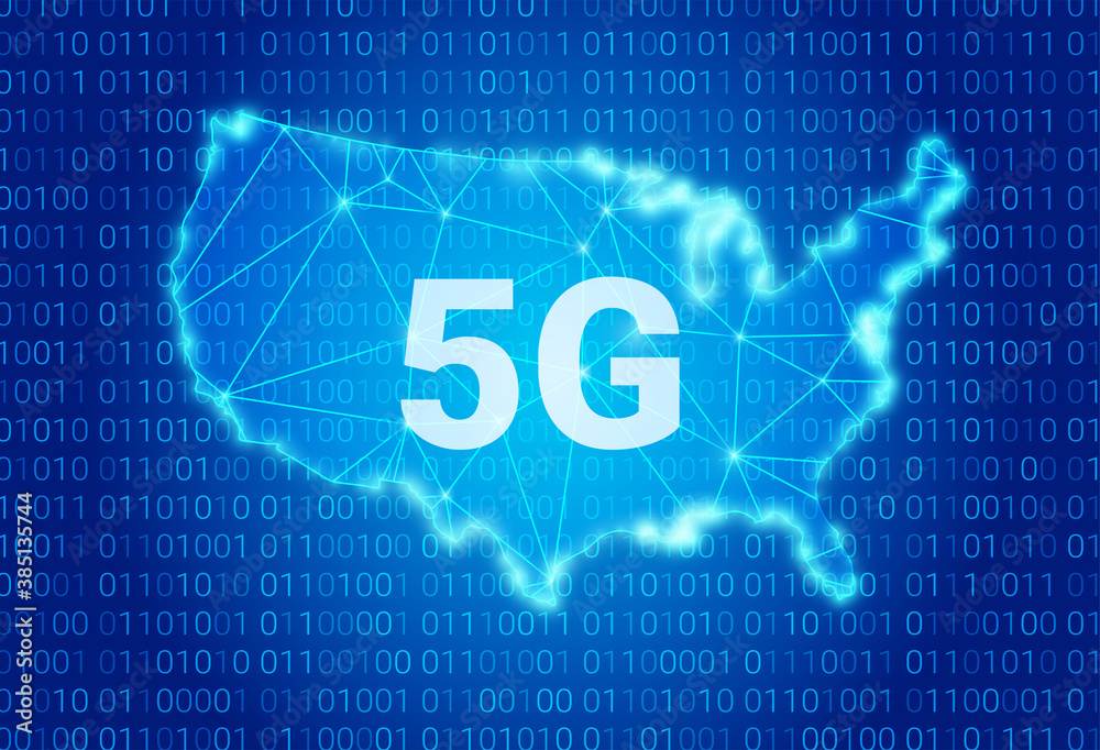 5G network - next generation wireless internet connection. 5g text on background of a USA map. vector background