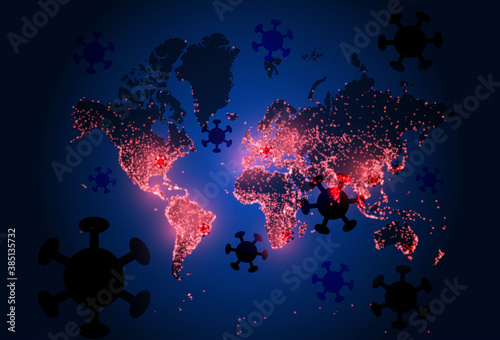 coronavirus on world map. world covid pandemic. Vector background