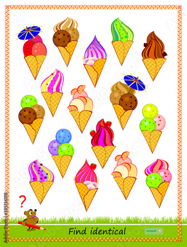 Logic puzzle game for children and adults. Find two identical ice creams. Printable page for kids brain teaser book. IQ test. Task for attentiveness. Play online. Flat cartoon vector.